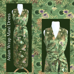 Gorgeous Nepalese Made Chinese Vietnamese Longevity Symbol Green Wrap Dress ~MED